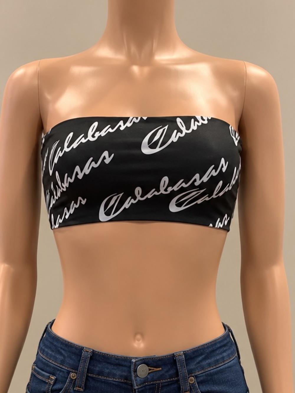 Calabasas Black White Script Strapless Bandeau Crop Tube Top Y2K
